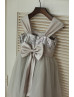 Silver Sequin Tulle Satin Sash Straps Big Bow Flower Girl Dress